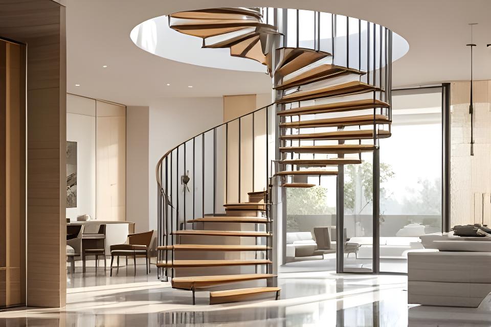 Escalera helicoidal con peldaños de aluminio instalada en residencia privada con luz natural