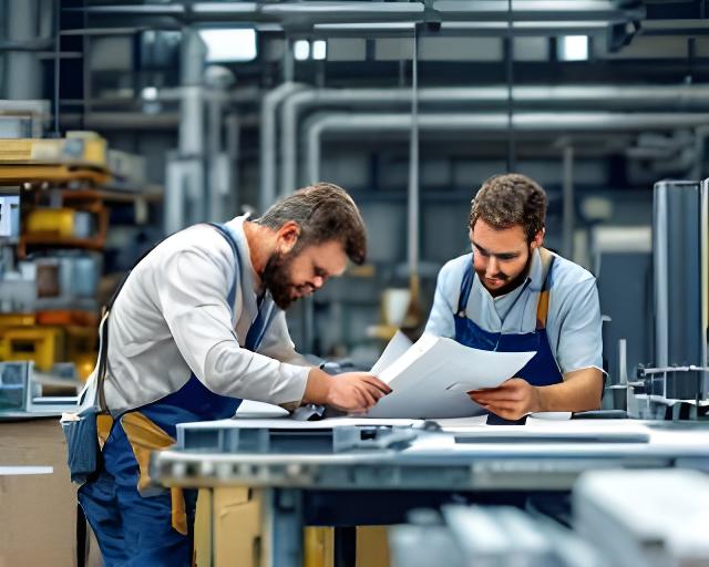 Fundadores de Maestro Diseño revisando planos y perfiles de aluminio en un taller ordenado de Patagonia