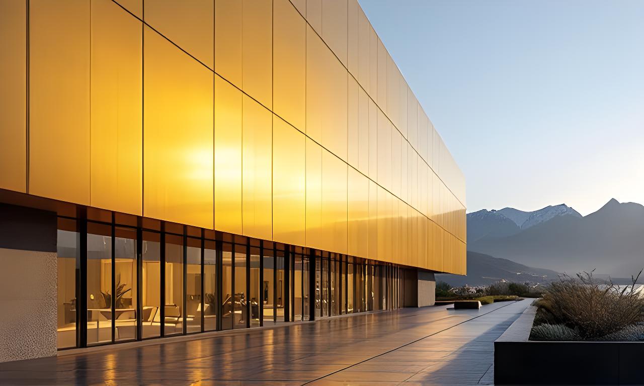 Fachada ventilada de hotel en Bariloche con paneles de aluminio anodizado dorado y reflejos de montaña